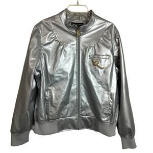 4623)Y2K Rocawear Silver Faux Leather Zip Up Bomber Jacket 2X